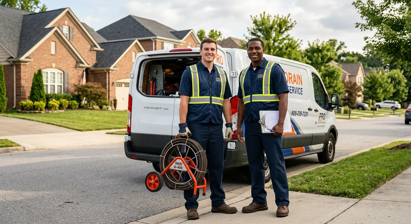 Sewer and drain service team with equipment ready for work in Lufkin
