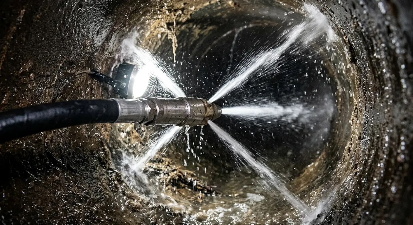 High-pressure hydro jetting nozzle cleaning sewer pipe for Emergency Drain Service in Lufkin