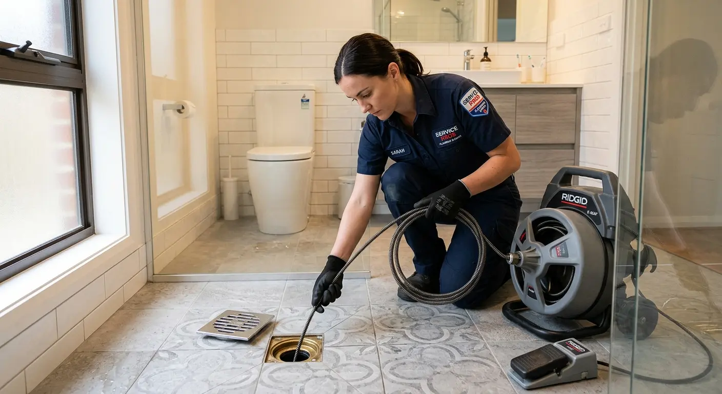 Technician clearing a bathroom floor drain for Drain Cleaning in Lufkin